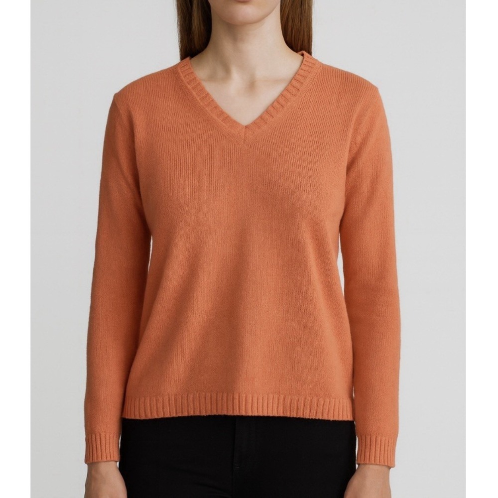 LL Bean Orange Chunky Knit Cotton V Neck Pullover Sweater Size SMALL